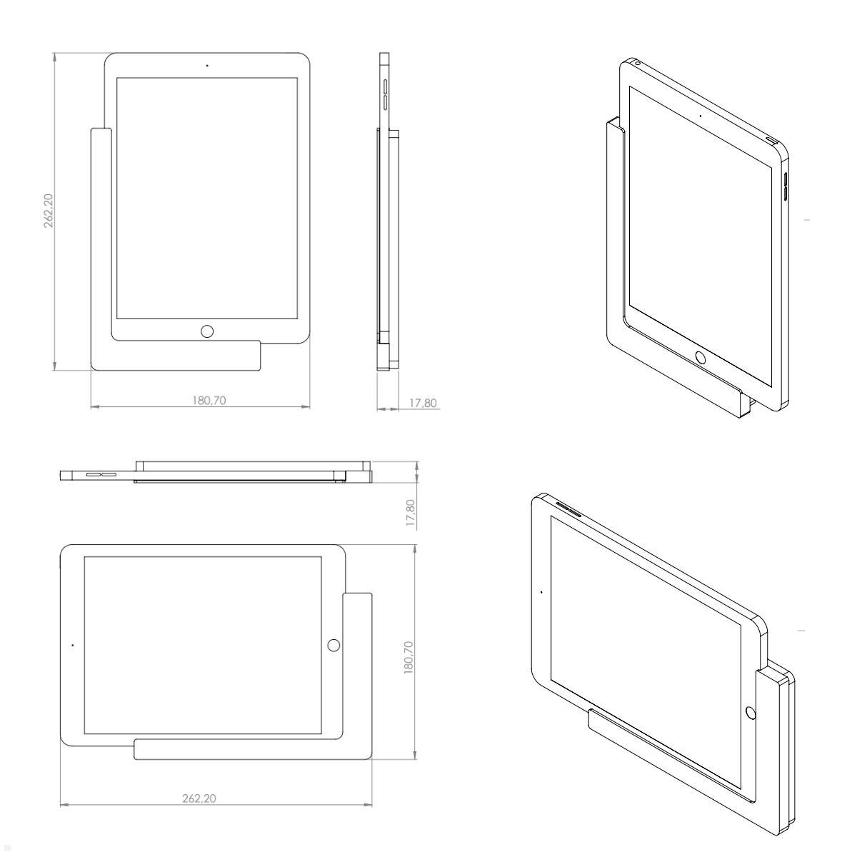 TabLines TWP009B Wandhalterung für Apple Air 2 9.7, schwarz, Zeichnung Maße mit Tablet