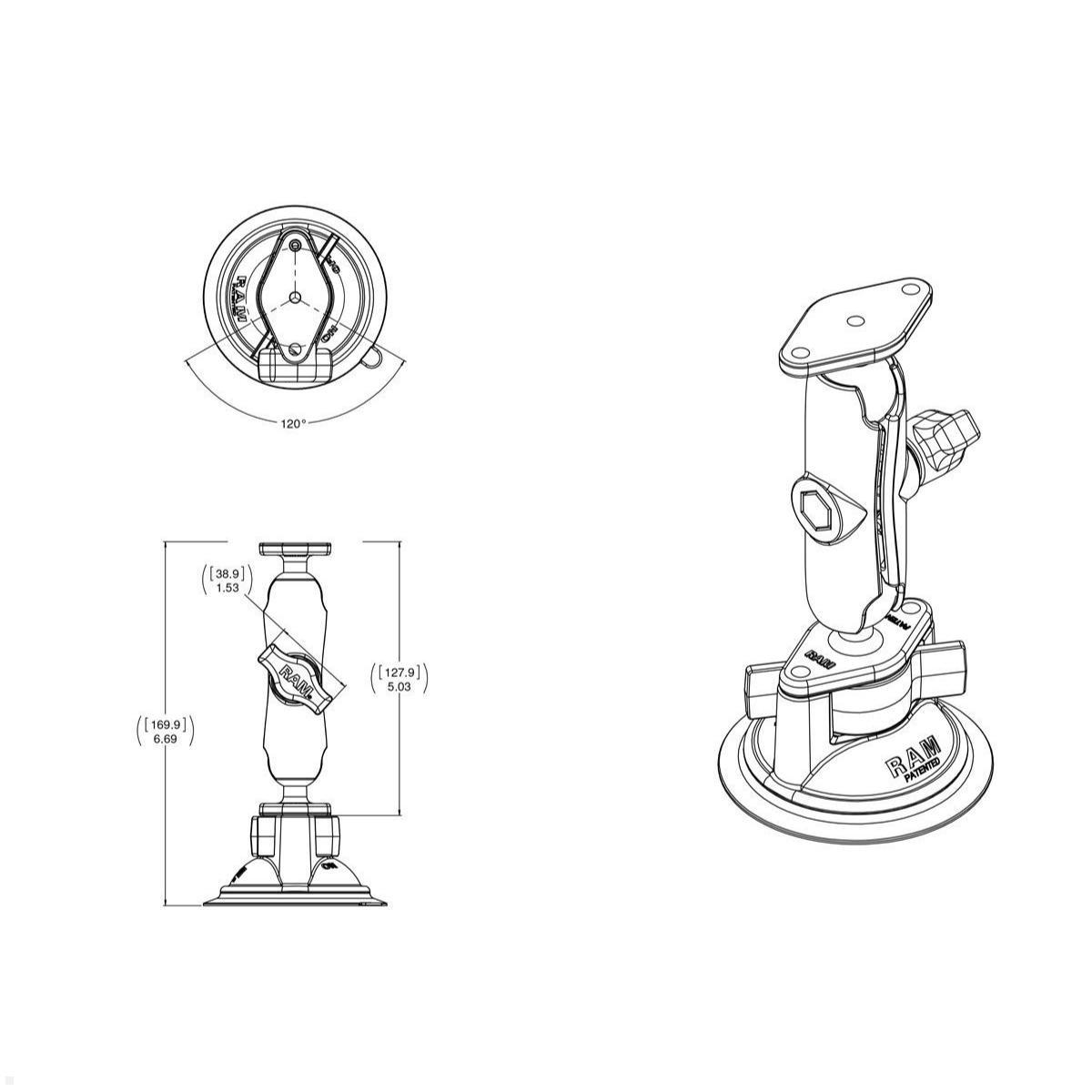 RAM Mounts Saugfuss-Set - mittlerer Verbindungsarm, 2x Diamond-Basisplatte B-Kugel (RAM-B-166U), Verbindungsarm Aluminium