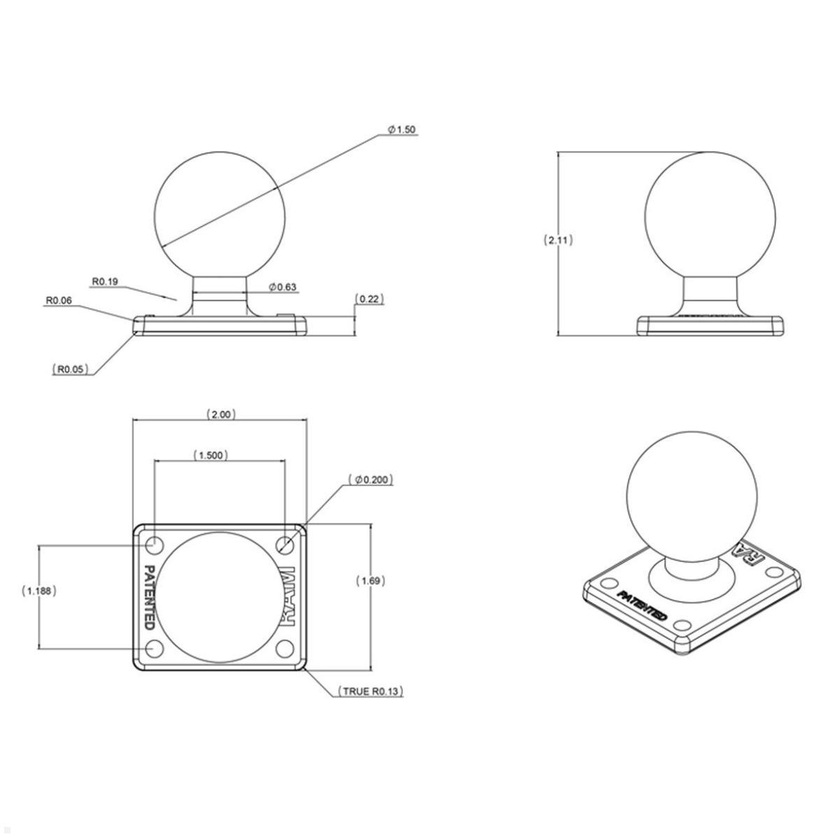 RAM Mounts Basisplatte rechteckig C-Kugel (RAM-347U), RAM Mounts Kugelbasis Adapter