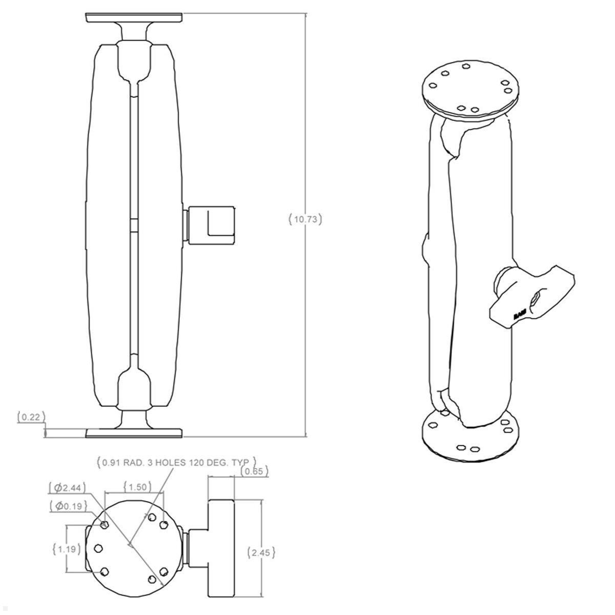 RAM Mounts Aufbau-Set - 2x runde Basisplatte, langer Verbindungsarm, C-Kugel (RAM-101U-D), RAM Mounts Verbindungsarm Halterungsset