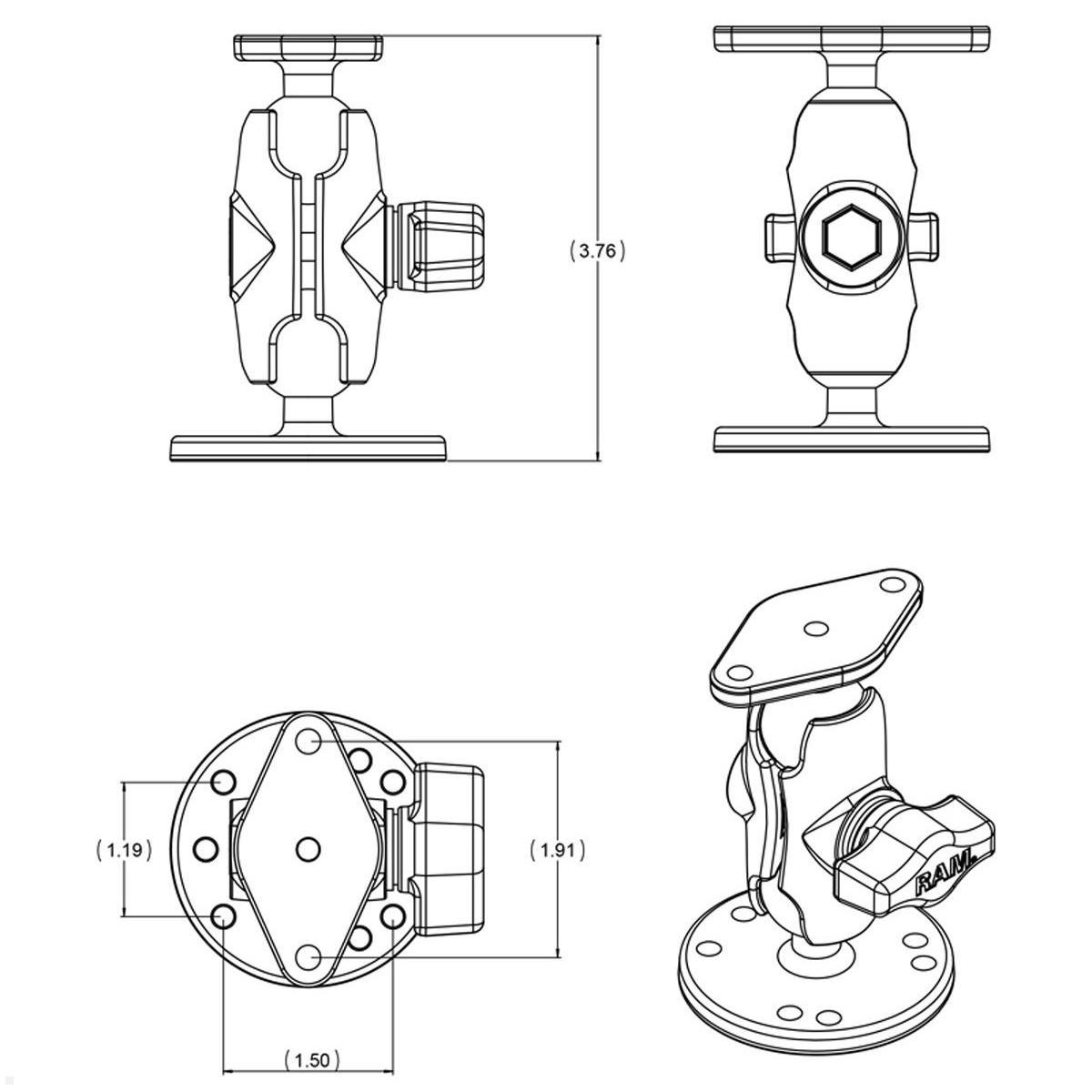 RAM Mounts Aufbau-Set - runde Basisplatte, kurzer Verbindungsarm, Diamond-Basisplatte, B-Kugel (RAM-B-138U-A), AMPS-Lochmuster