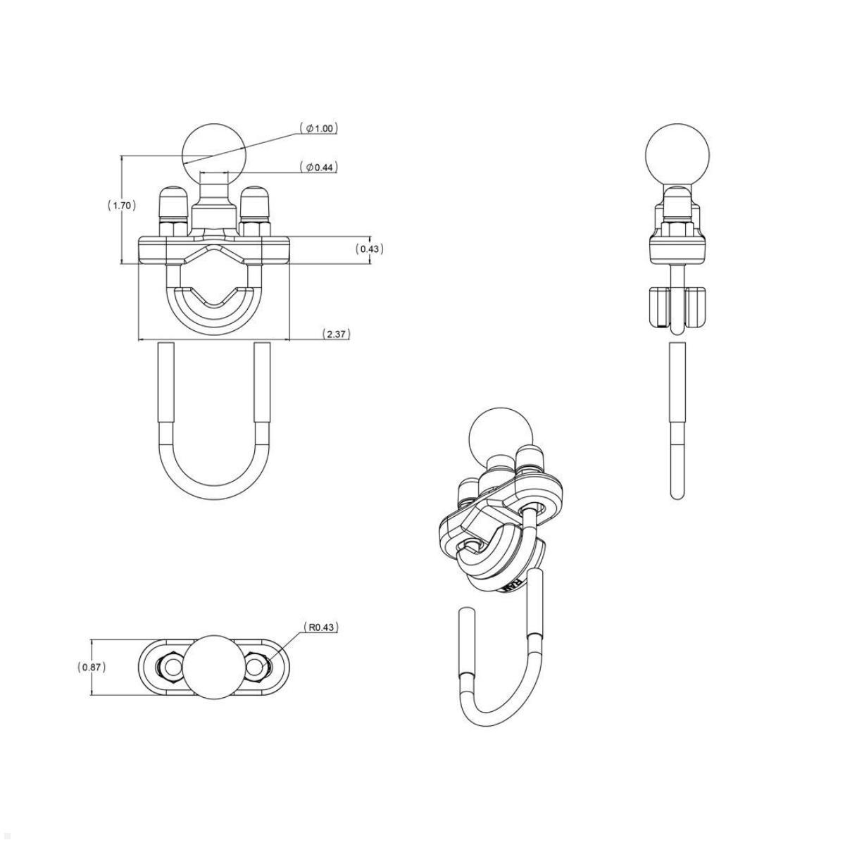 RAM Mounts Schraub-Klemme B-Kugel für 12,7-25,4 mm Durchmesser (RAM-B-231U), Montageset komplett