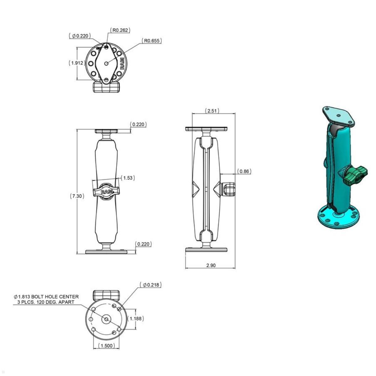 RAM Mounts Aufbau-Set - runde Basisplatte, langer Verbindungsarm, Diamond Basisplatte B-Kugel (RAM-B-138U-C), Kugel-Arm-System
