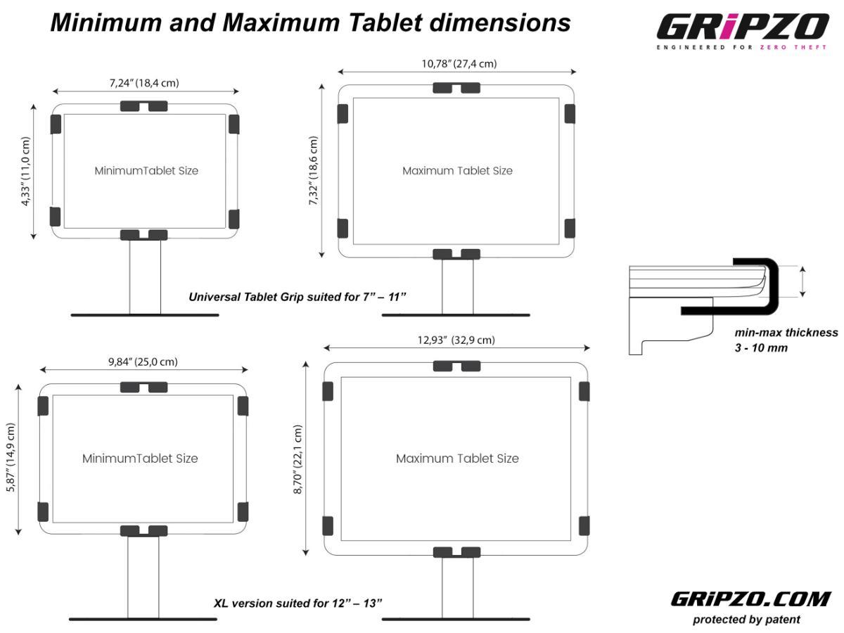 Gripzo Tablet Tisch Halterung schwenkbar 7-11 Zoll DS, schwarz Abmessungen