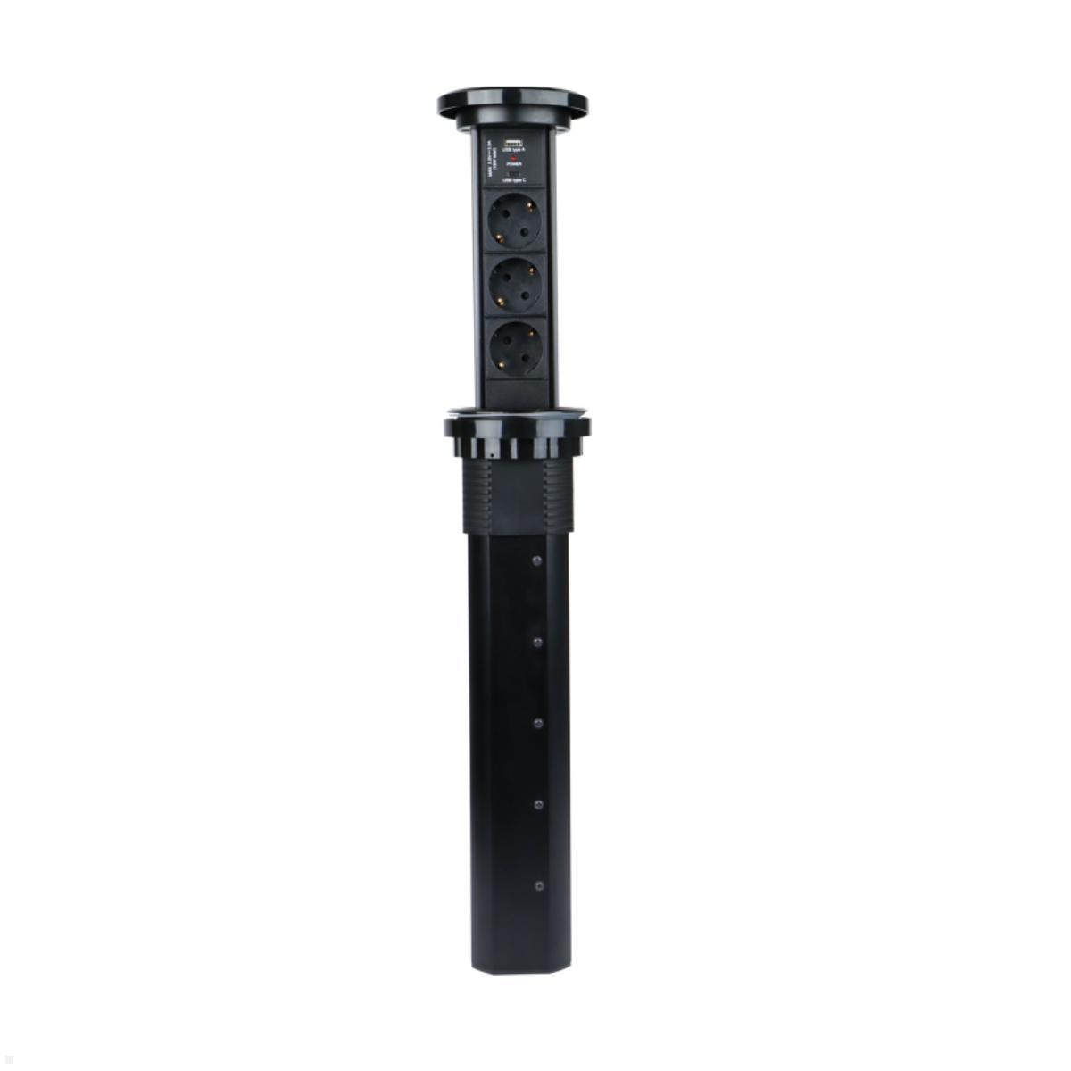 TecLines TVS006B versenkbare 3-fach Steckdosenleiste mit USB A/C, Qi, schwarz, ausfahrbar